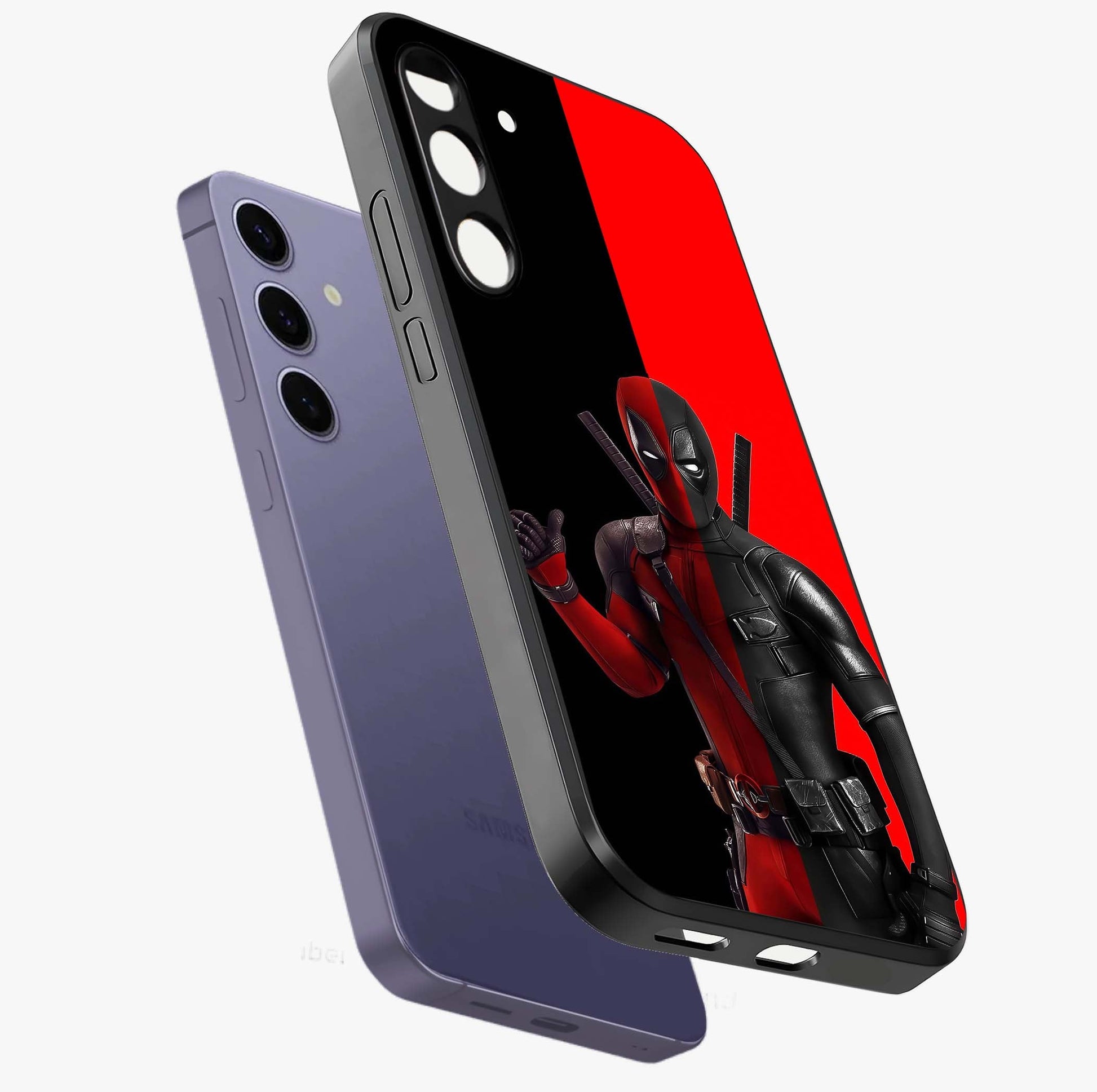 Red & Black Deadpool Theme Glass Case displayed in angled mockup highlighting vibrant superhero style illustration with action aesthetic.