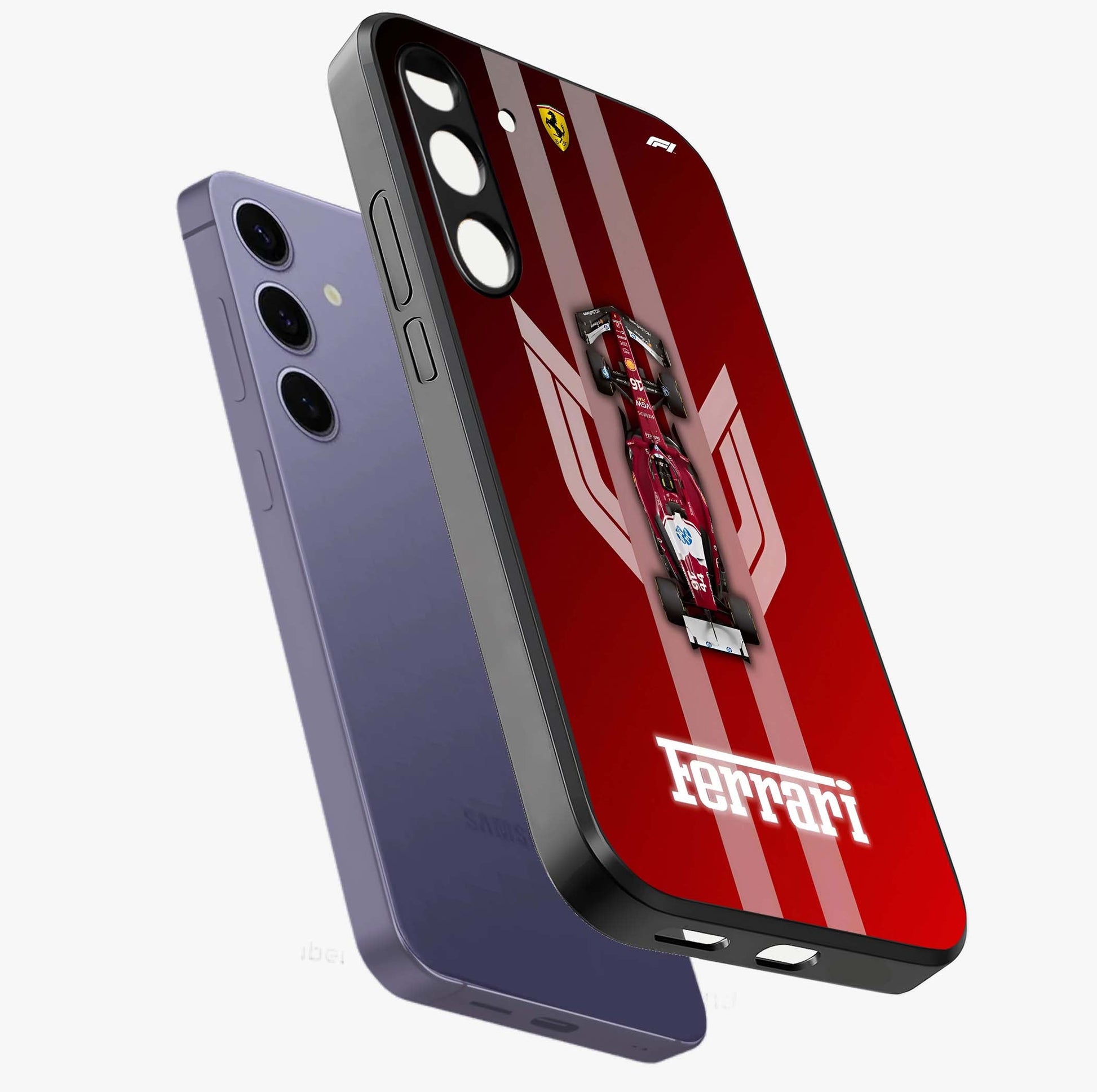 Red Ferrari F1 Vertical Glass Case displayed in angled mockup highlighting high speed racing design with bold automotive aesthetic.