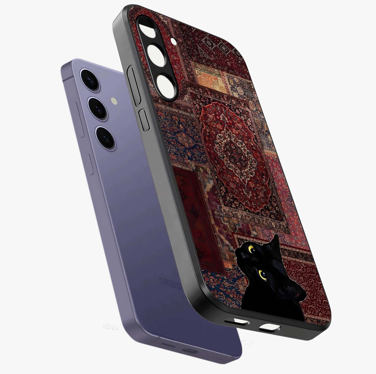 Regal Magic Cat Apple Glass Case displayed in angled mockup highlighting whimsical feline design with fantasy aesthetic.