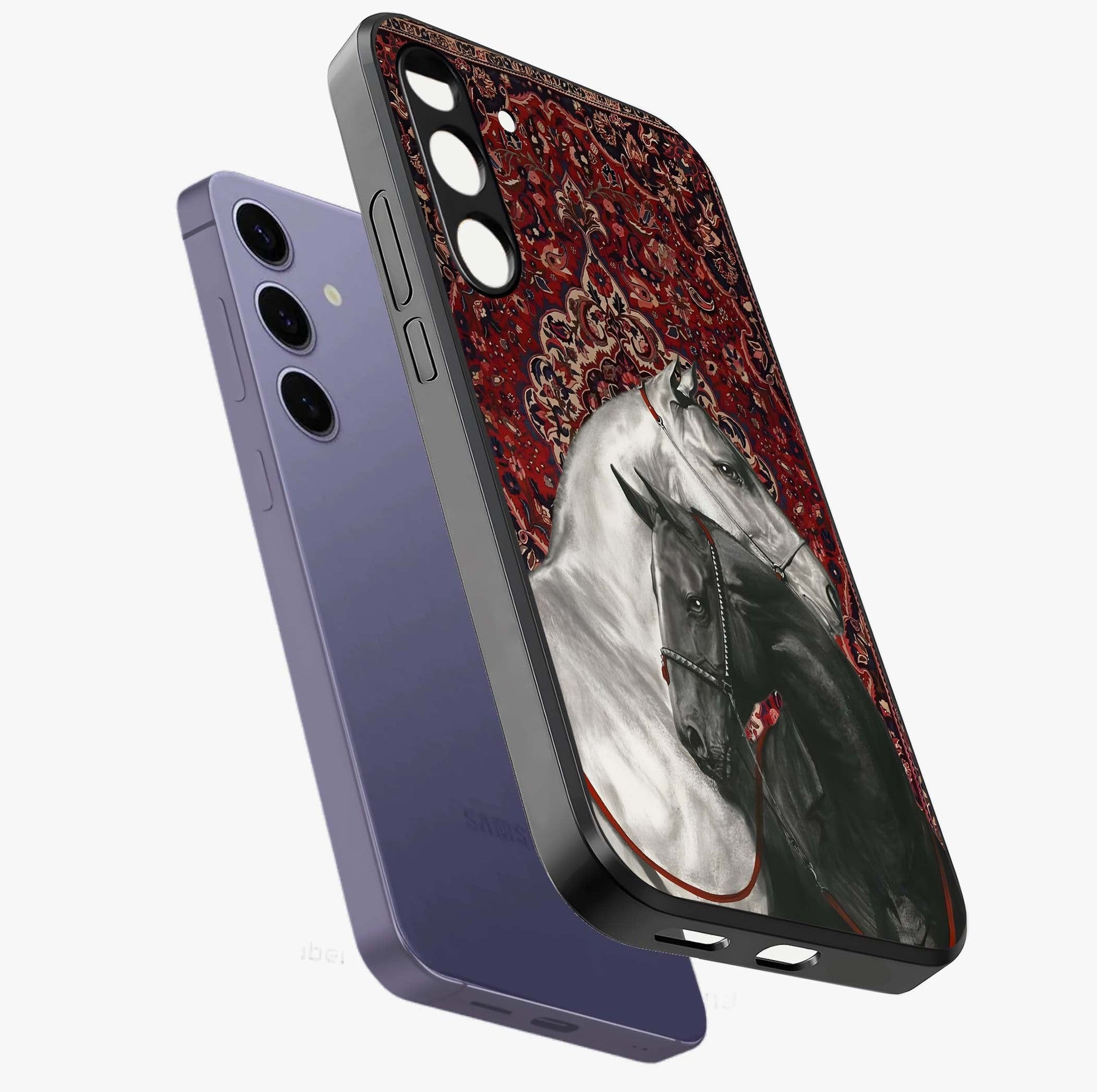Regal Stallion Tapestry Glass Case displayed in angled mockup highlighting royal stallion design with decorative heritage aesthetic.