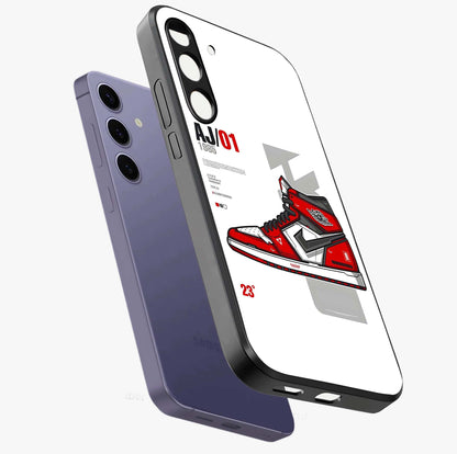 Retro Sneaker Blueprint Glass Case displayed in angled mockup highlighting detailed shoe design with sporty retro aesthetic.