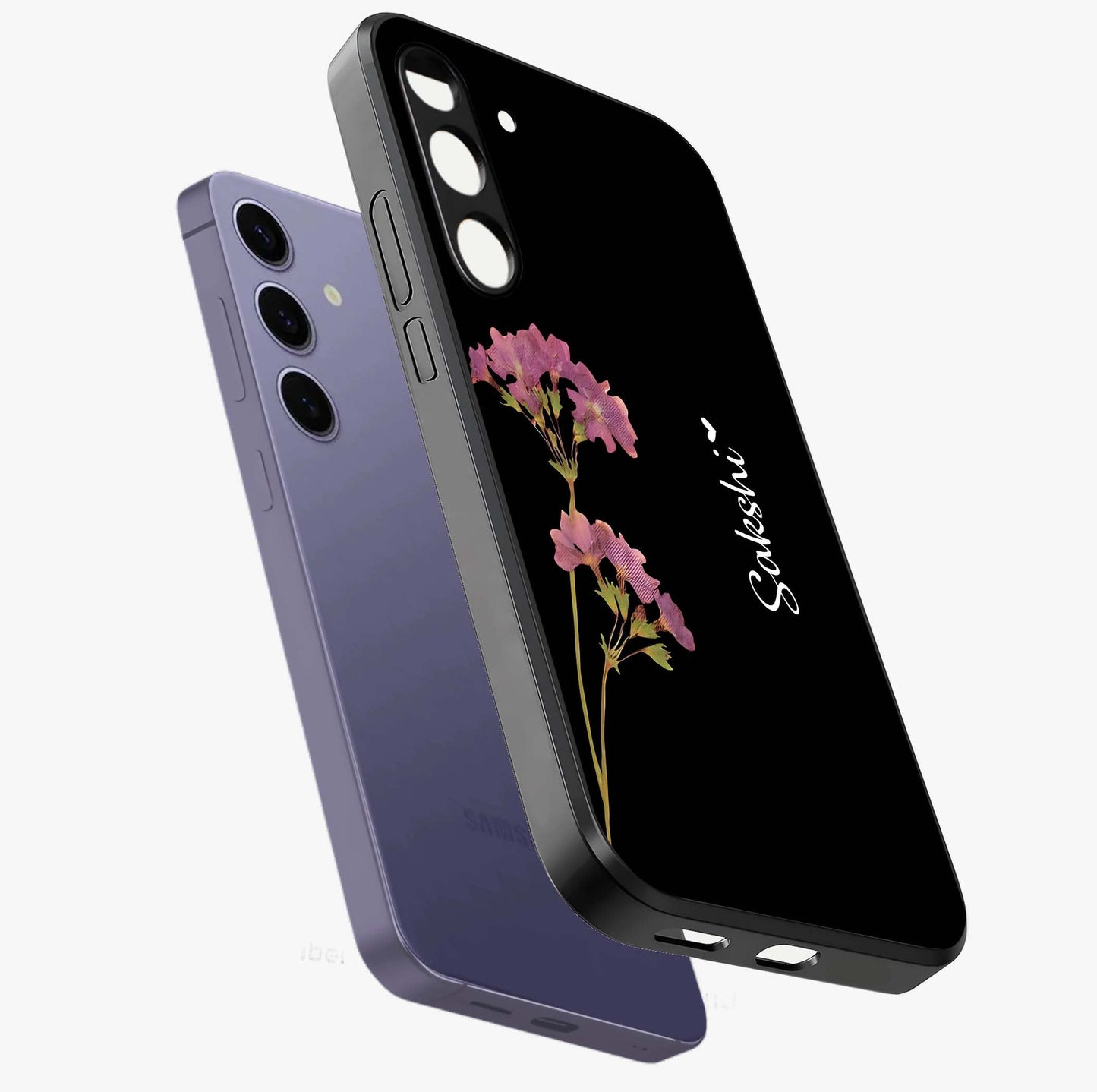 Riching Lavender Flower Custom Name Glass Case displayed in angled mockup highlighting delicate lavender flower design with custom name feature.