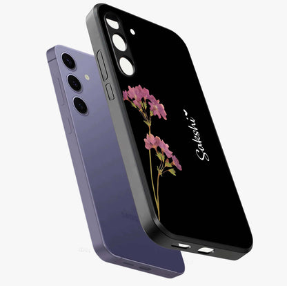 Riching Lavender Flower Custom Name Glass Case displayed in angled mockup highlighting delicate lavender flower design with custom name feature.