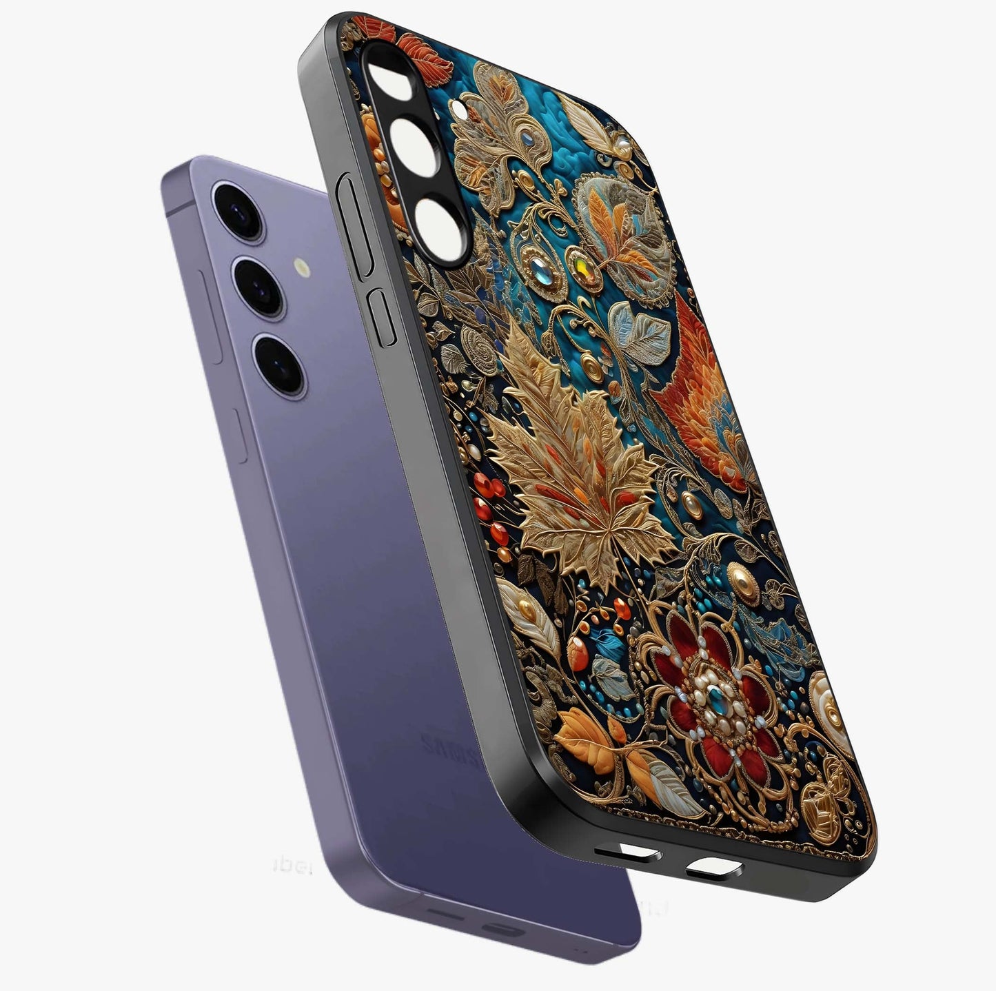 Royal Jewel Garden Glass Case displayed in angled mockup highlighting vibrant jewel inspired floral design with elegant aesthetic.
