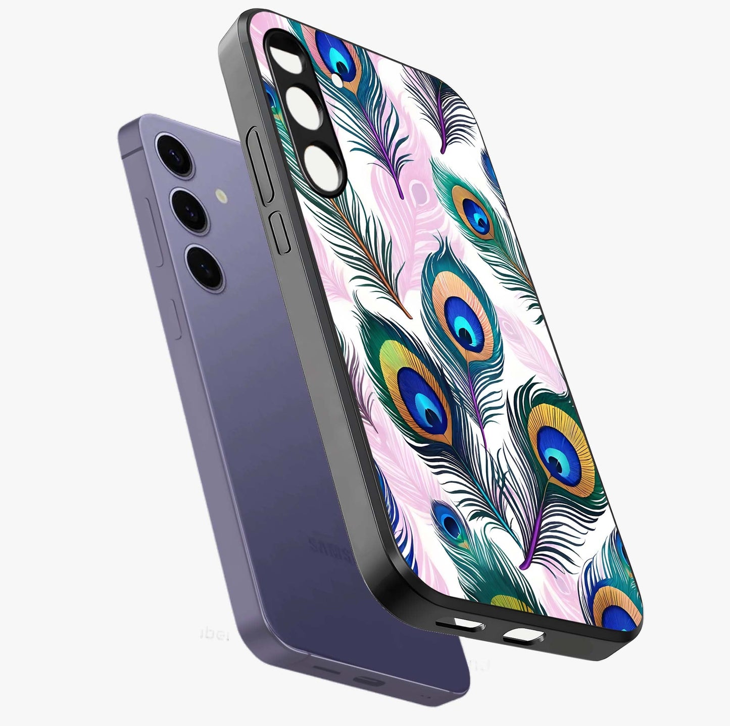 Royal Peacock Feathers Glass Case displayed in angled mockup highlighting vibrant feather pattern with regal aesthetic style.