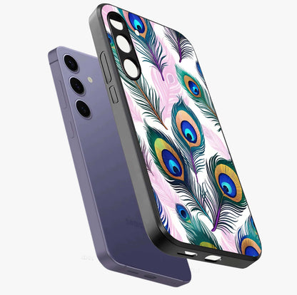 Royal Peacock Feathers Glass Case displayed in angled mockup highlighting vibrant feather pattern with regal aesthetic style.
