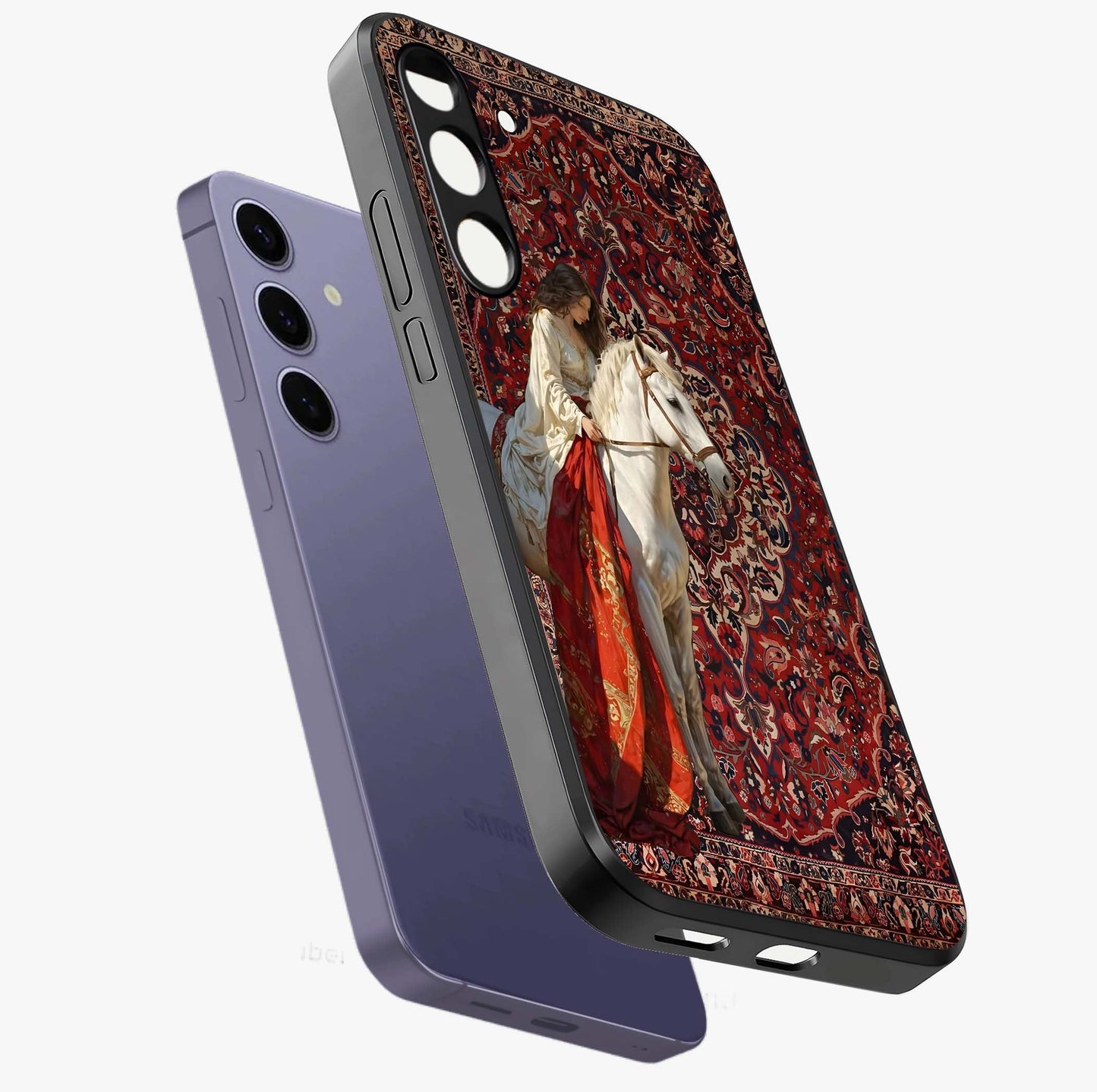 Royal Rider Tapestry Glass Case displayed in angled mockup highlighting traditional tapestry design with royal heritage aesthetic.