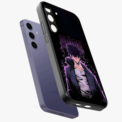 Shadow Monarch Awakening Glass Case displayed in angled mockup highlighting dramatic shadow warrior design with fantasy aesthetic.