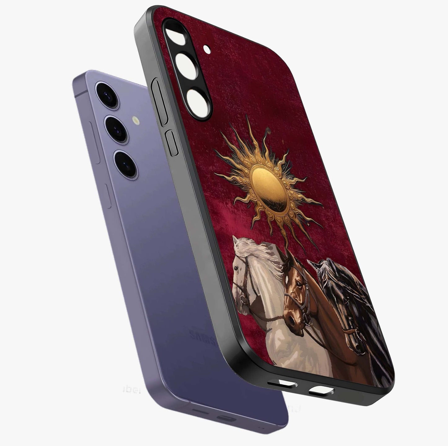 Solar Riders Glass Case displayed in angled mockup highlighting powerful rider illustration with radiant solar aesthetic.