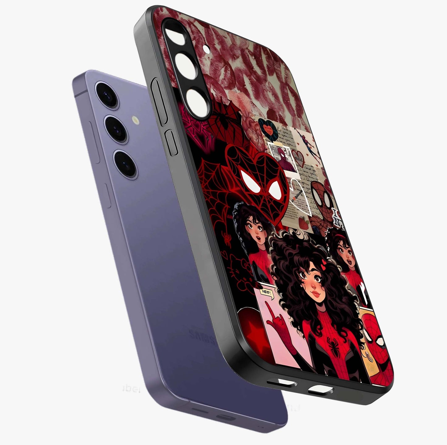 Spider Love Story Glass Case displayed in angled mockup highlighting expressive comic inspired design with playful aesthetic.