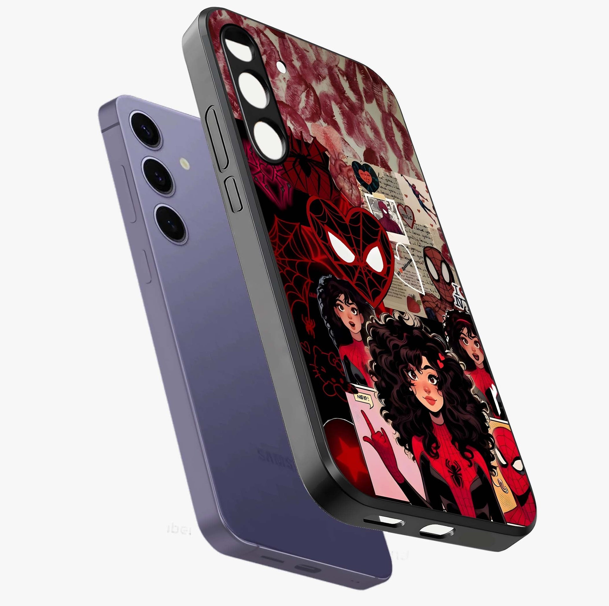 Spider Love Story Glass Case displayed in angled mockup highlighting expressive comic inspired design with playful aesthetic.