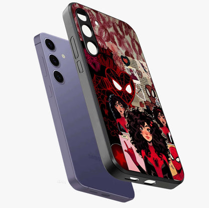 Spider Love Story Glass Case displayed in angled mockup highlighting expressive comic inspired design with playful aesthetic.