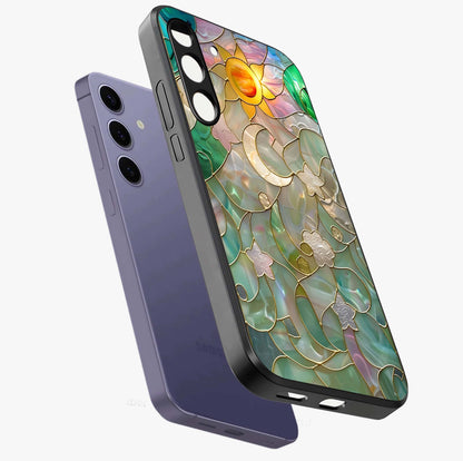 Stained Sunrise Glow Glass Case displayed in angled mockup highlighting radiant sunrise design with artistic aesthetic style.
