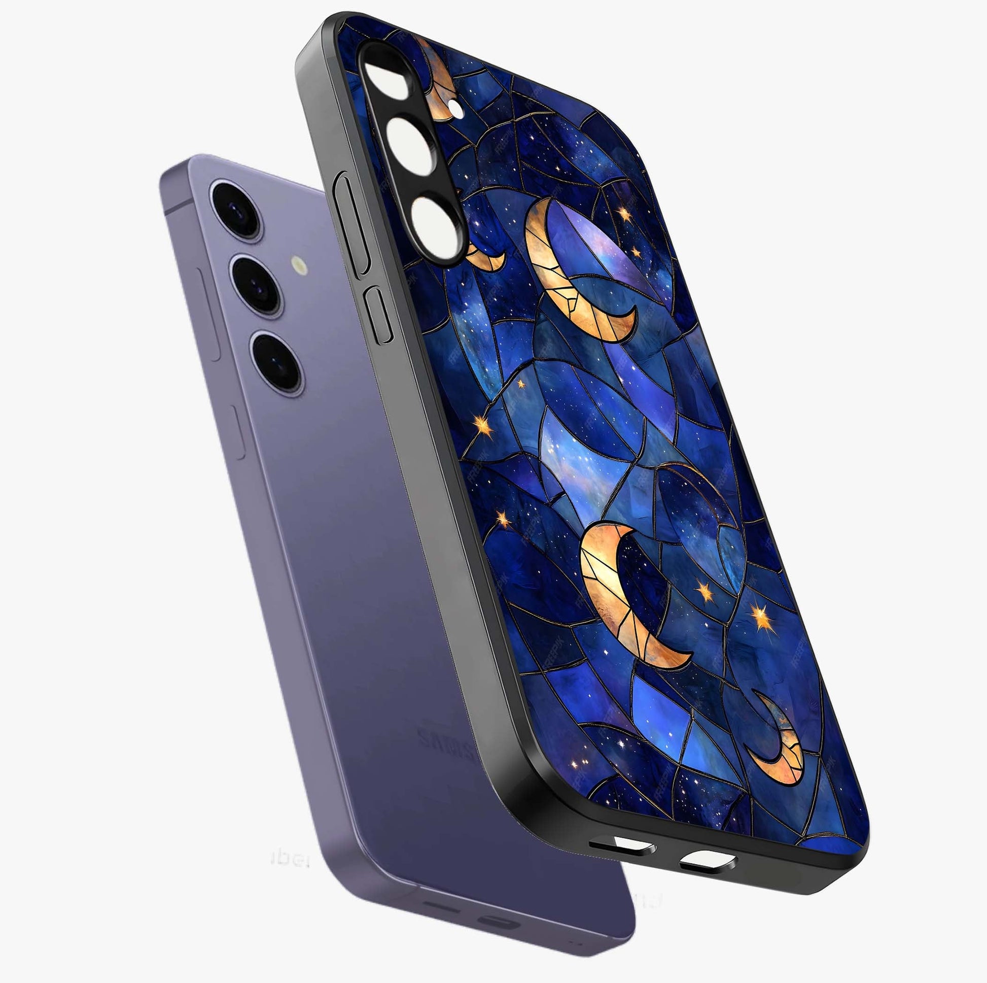 Starlit Sky Tapestry Glass Case displayed in angled mockup highlighting celestial night pattern with artistic aesthetic style.