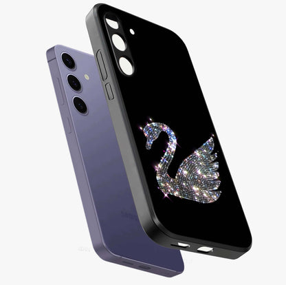 Starlit Swan Grace Glass Case displayed in angled mockup highlighting elegant swan illustration with dreamy celestial aesthetic.