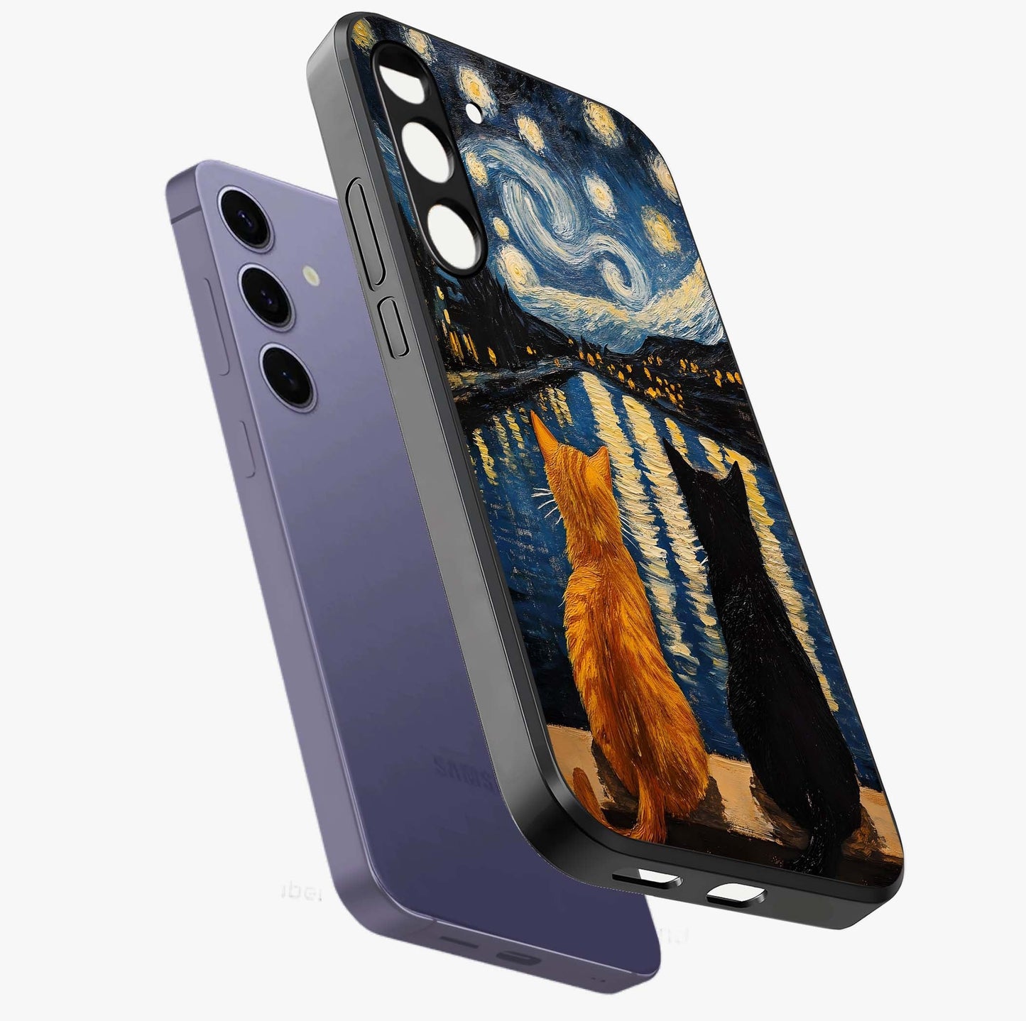 Starry River Cats Glass Case displayed in angled mockup highlighting charming feline illustration with dreamy night aesthetic.