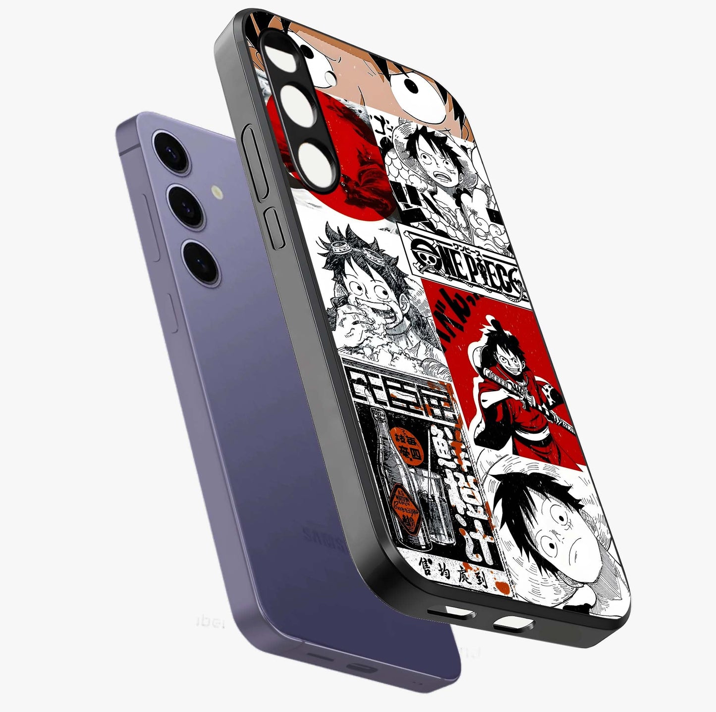 Strawhat Chaos Panels Glass Case displayed in angled mockup highlighting vibrant anime collage design with action aesthetic.