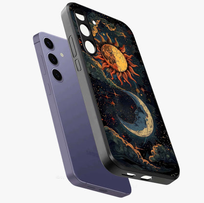 Sun And Moon Magic Design Glass Case displayed in angled mockup highlighting celestial design with magical cosmic aesthetic.