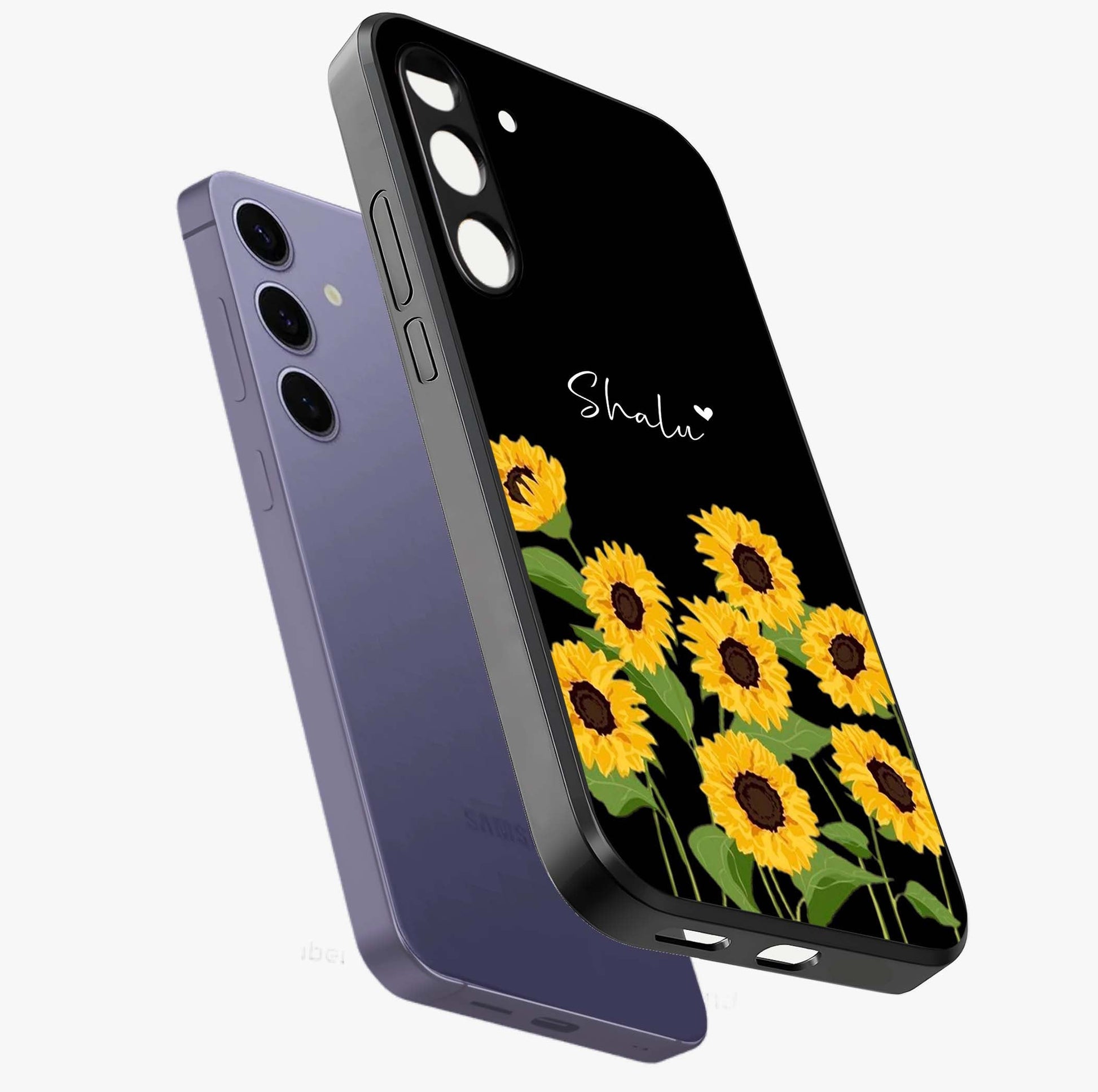 Sunflower Chic Mood Custom Name Glass Case displayed in angled mockup highlighting vibrant sunflower design with custom name feature.