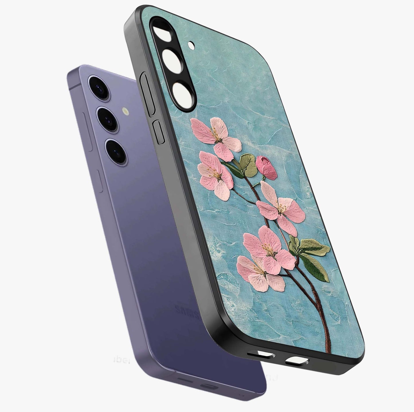 Threaded Blossom Breeze Glass Case displayed in angled mockup highlighting elegant floral design with soft aesthetic style.