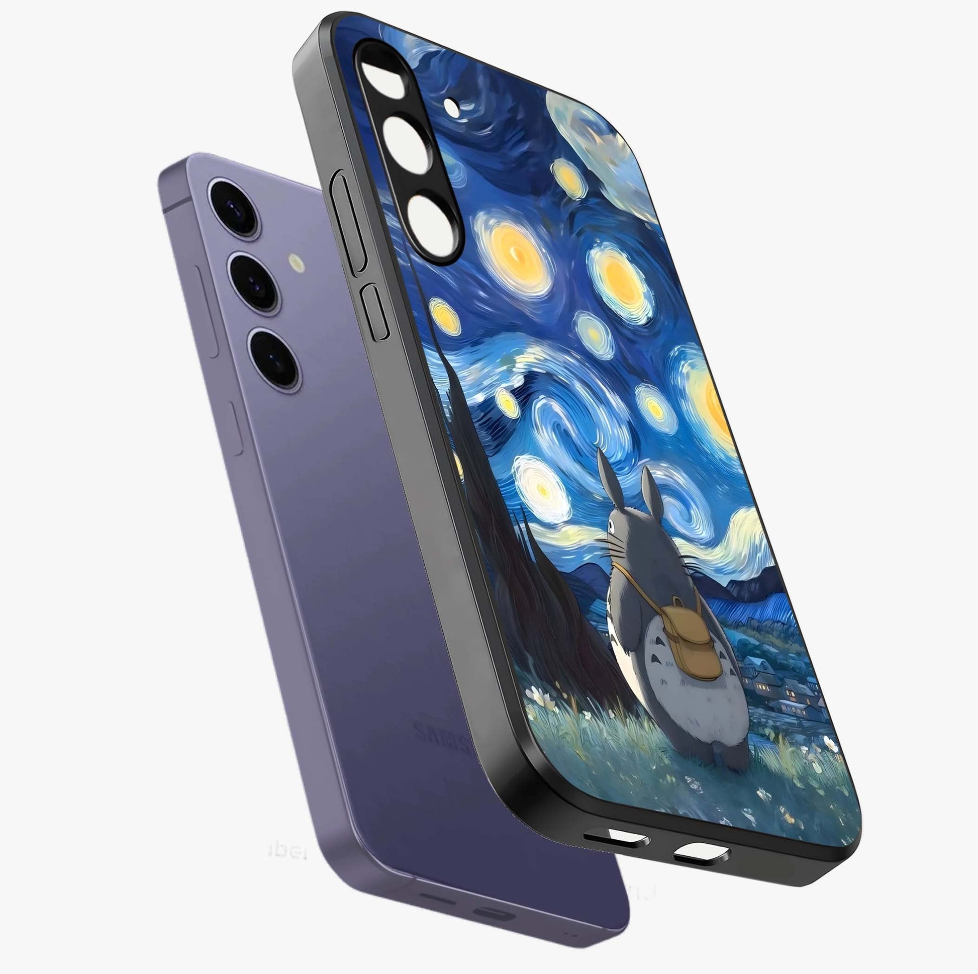 Totoro In Van Gogh Art Glass Case displayed in angled mockup highlighting artistic swirling sky design with playful animation aesthetic.