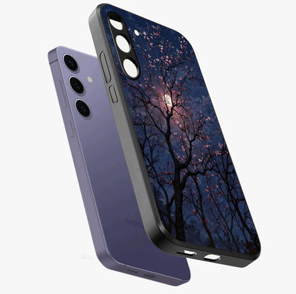 Twilight Sakura Serenade Glass Case displayed in angled mockup highlighting delicate sakura flower design with dreamy aesthetic.