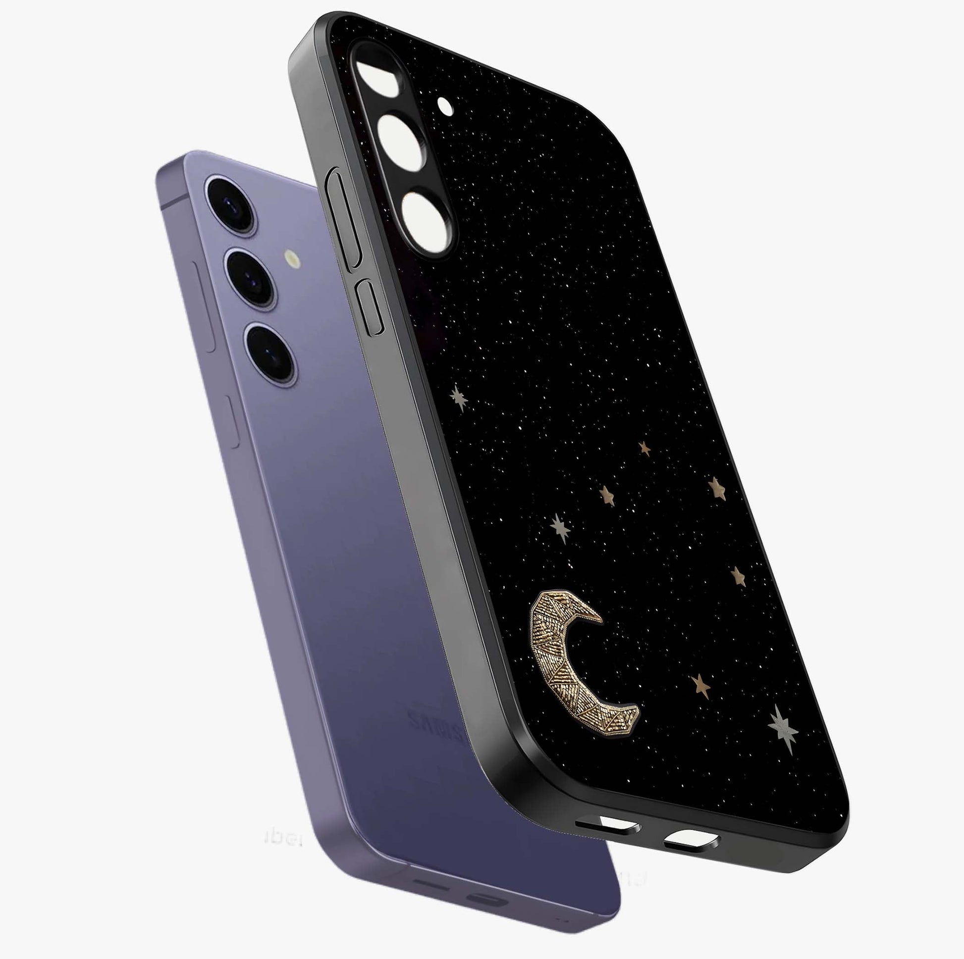 Twinkle Star With Half Moon Glass Case displayed in angled mockup highlighting celestial moon and star design with magical aesthetic.