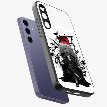 Uchiha Shadow Throne Glass Case displayed in angled mockup highlighting glowing aquatic design with celestial aesthetic.