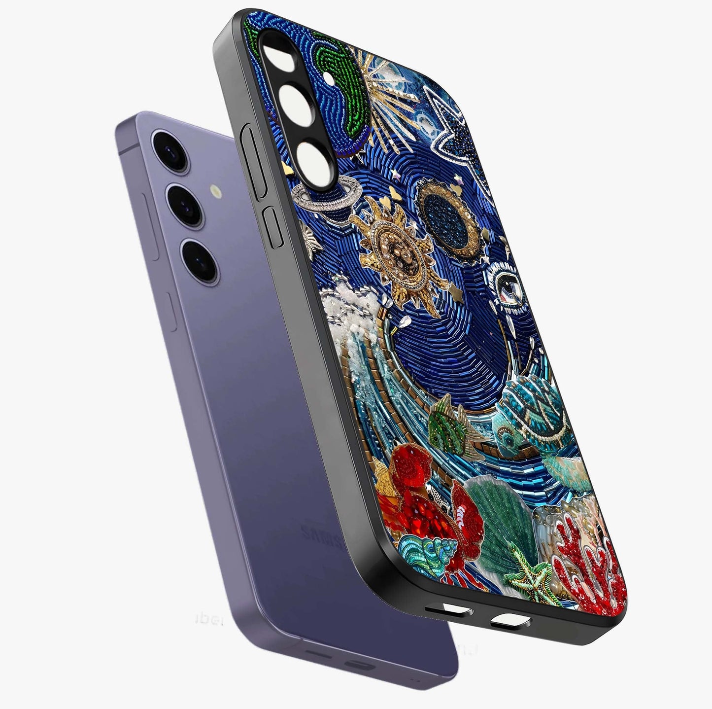 Universe Underwater Spark Glass Case displayed in angled mockup highlighting glowing aquatic design with celestial aesthetic.