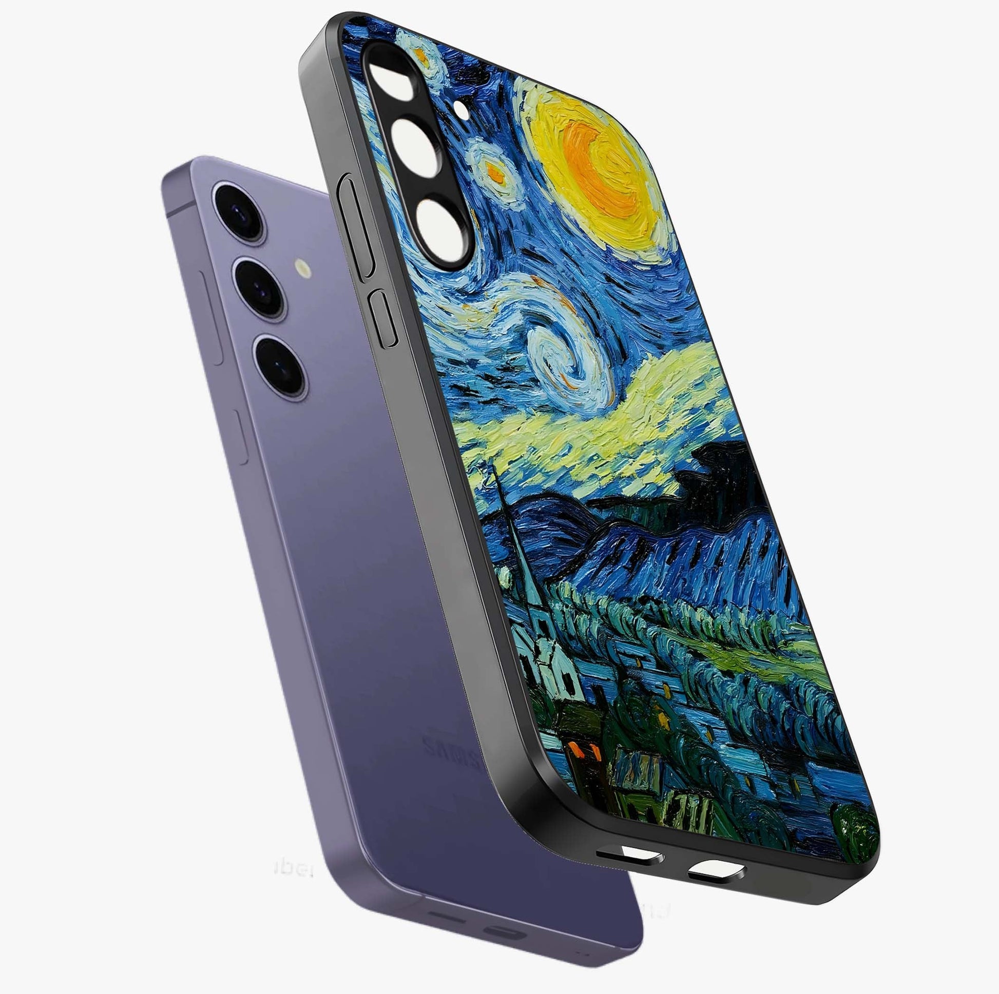 Van Gogh Art Glass Case displayed in angled mockup highlighting swirling brushstroke design with artistic aesthetic.