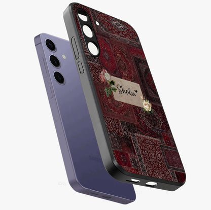 Velvet Wine Pattern Custom Name Glass Case displayed in angled mockup highlighting decorative velvet inspired design with custom name feature.