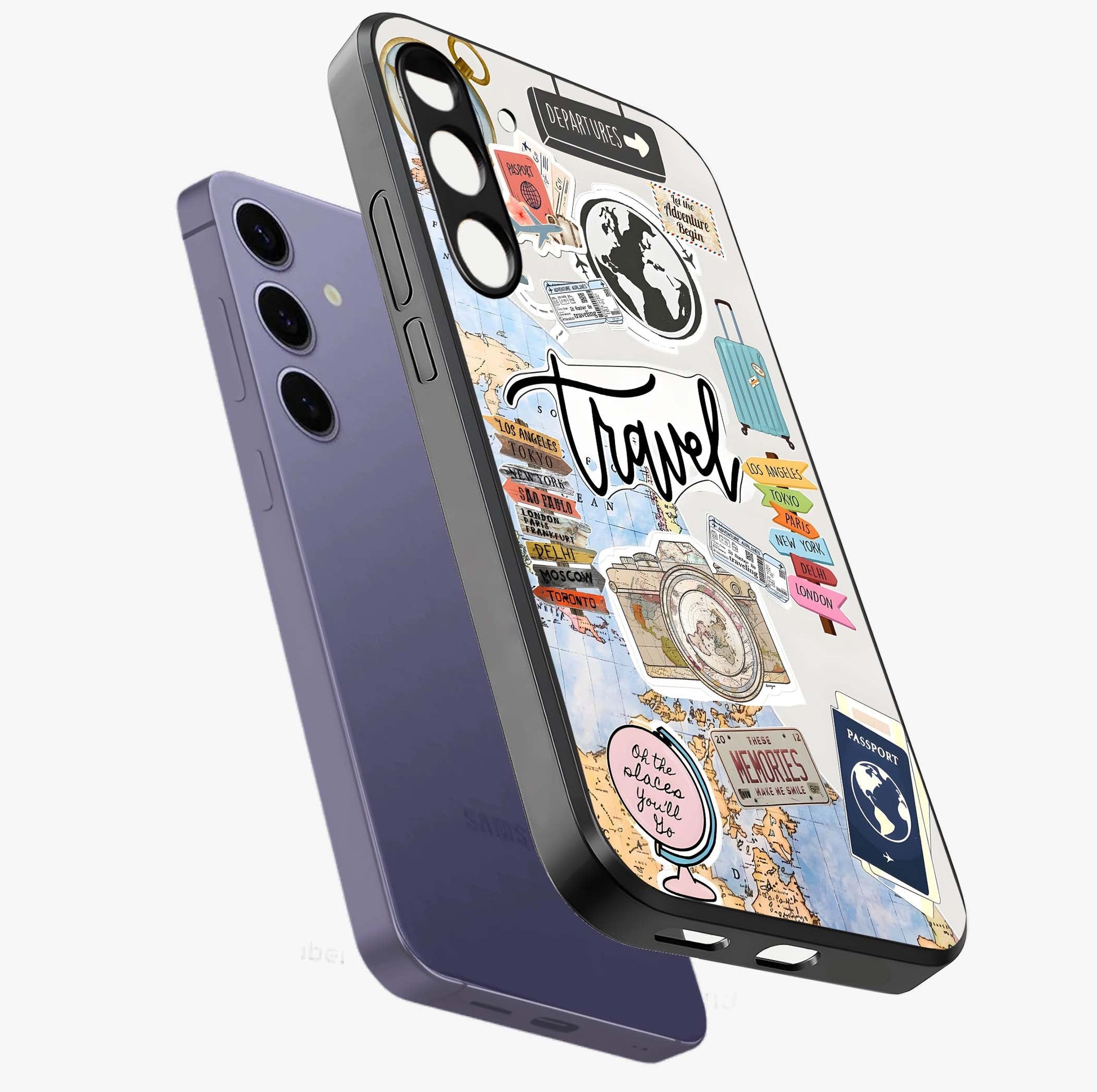 Wanderlust Journal Glass Case displayed in angled mockup highlighting adventure themed design with aesthetic travel vibe.