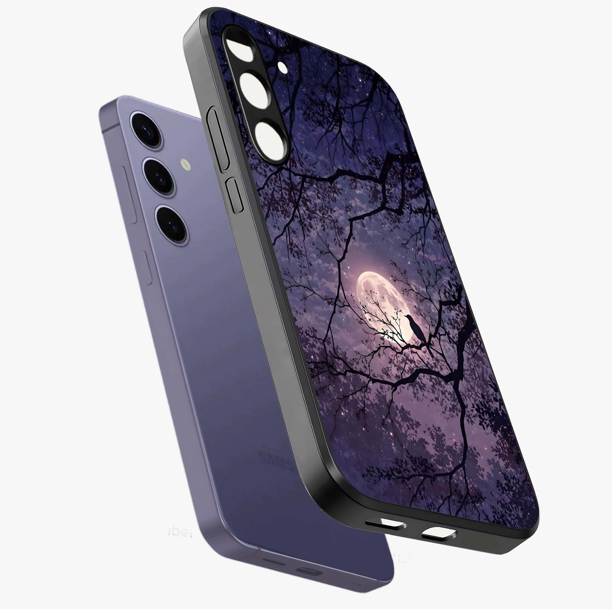 Whispering Moon Silence Glass Case displayed in angled mockup highlighting calm lunar design with dreamy night aesthetic.