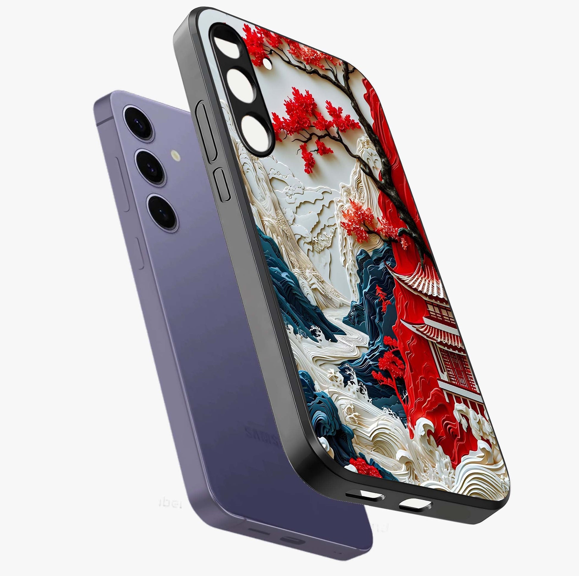 Whispers Of Sakura Waves Glass Case displayed in angled mockup highlighting flowing sakura design with soft floral aesthetic.