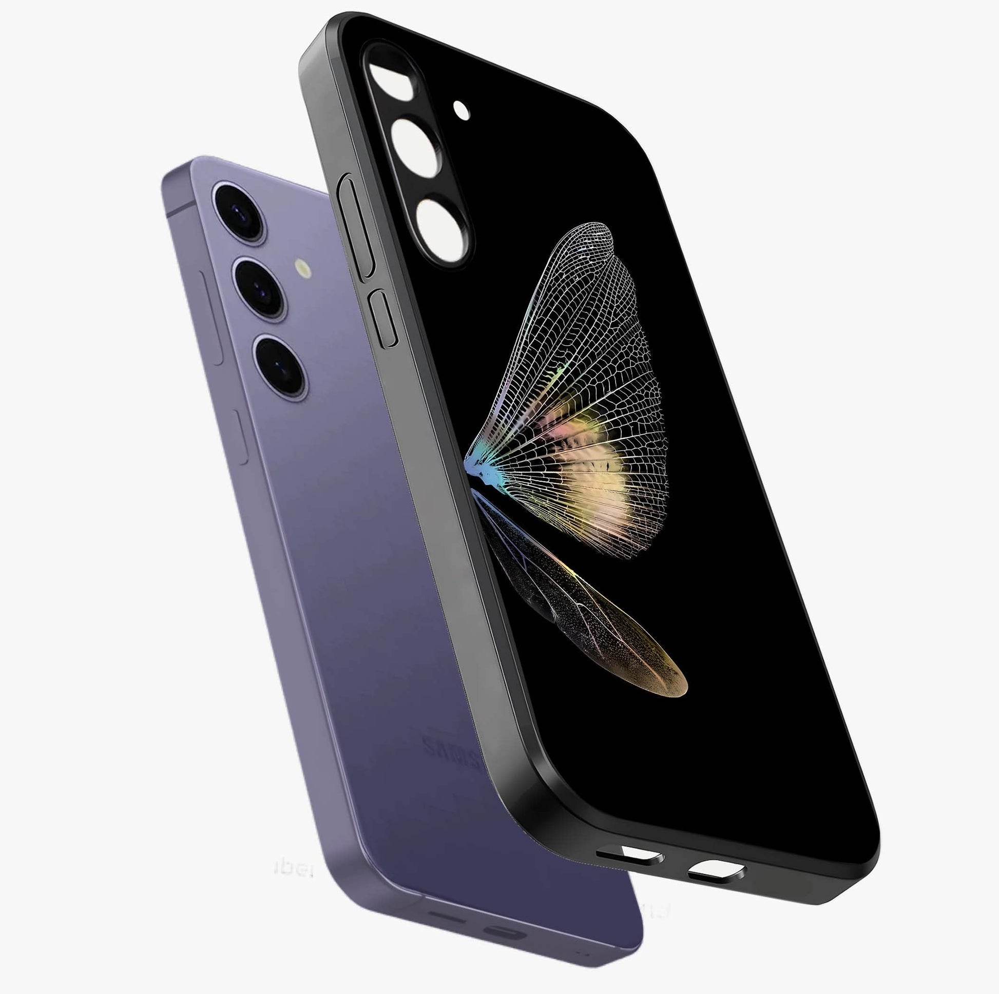 Whispers Of Wings Glass Case displayed in angled mockup highlighting soft feather design with celestial aesthetic style.