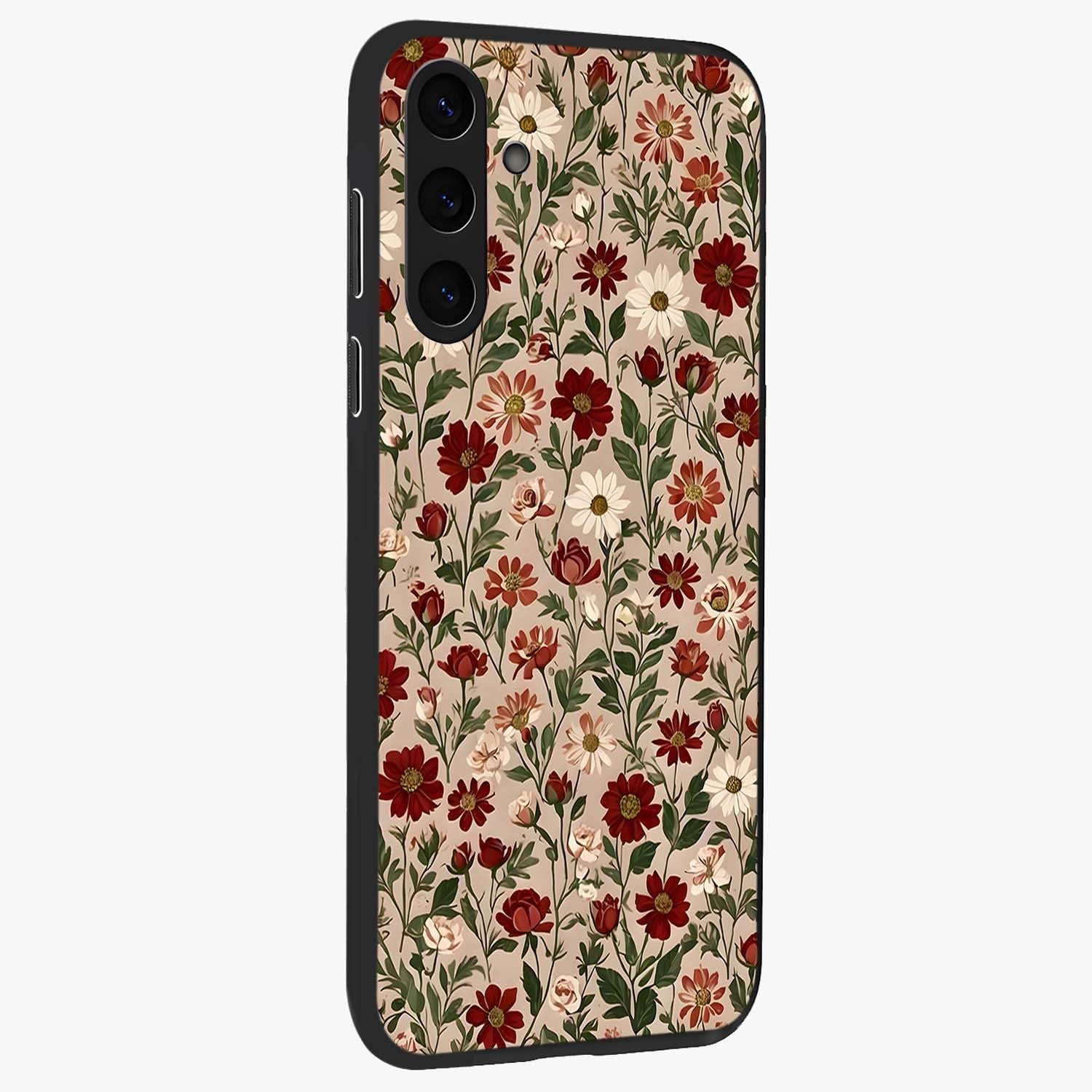 Biege Flower With Leaf Glass Case upright view showcasing delicate beige flower illustration with clean botanical style.