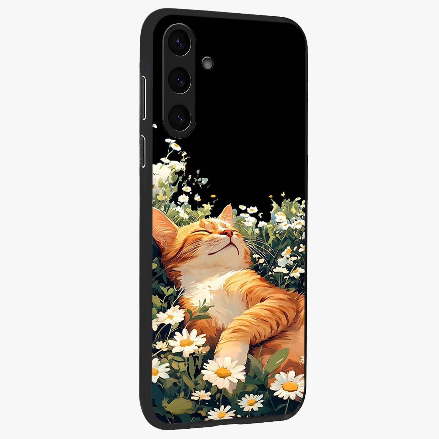 Blissful Bloom Cat Glass Case upright view showcasing charming cat design surrounded by blooming floral elements.
