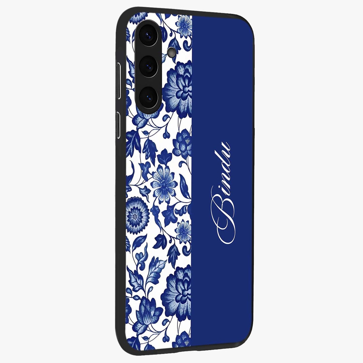 Blue Vintage Floral Pattern Glass Case upright view showcasing delicate blush floral texture with modern minimal style.