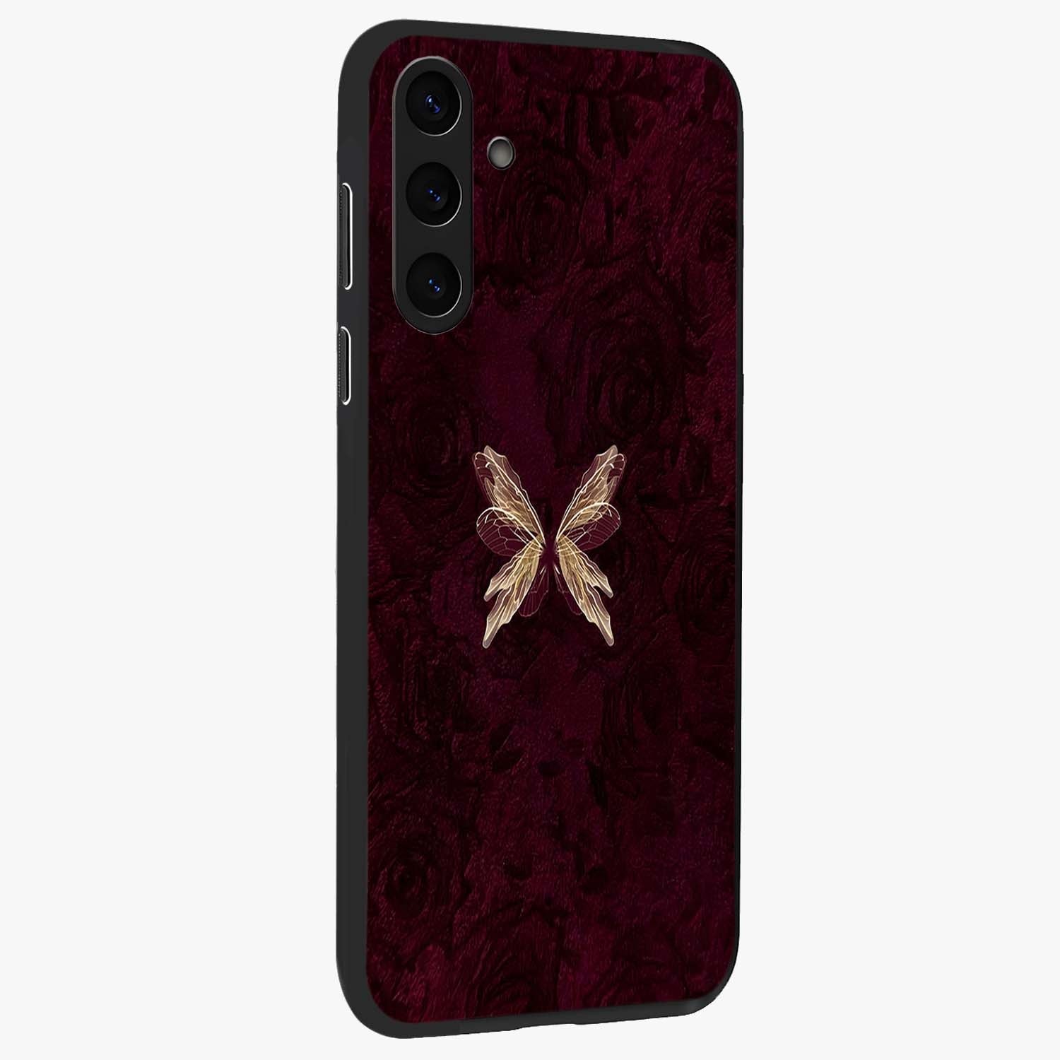 Crimson Fade Butterfly Glass Case upright view showcasing graceful butterfly artwork with soft crimson fade effect.