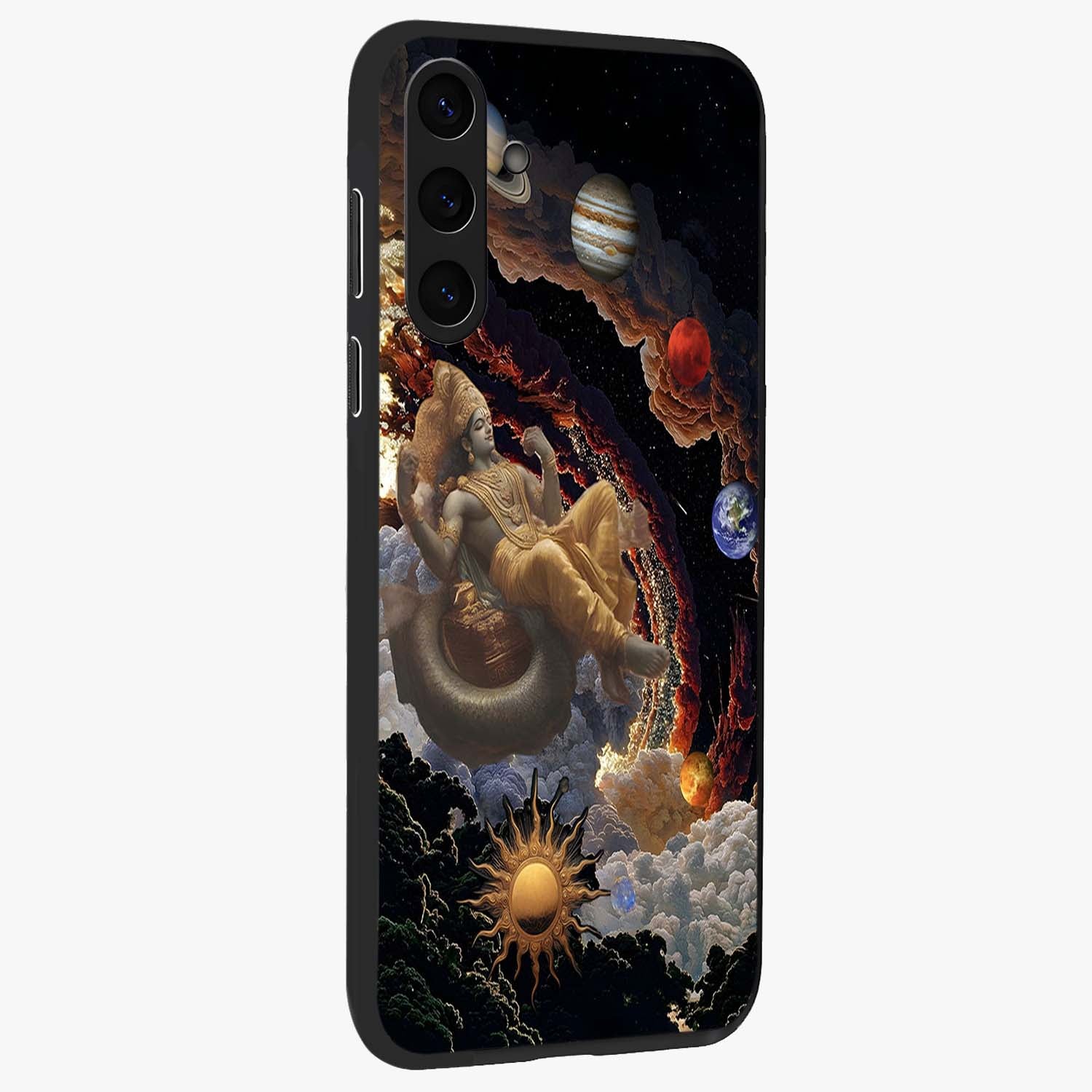 Galactic Divine God Glass Case upright view showcasing mystical divine artwork with dramatic cosmic theme.
