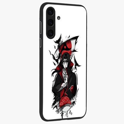 Itachi Sharingan Glass Case upright view showcasing intense anime eye artwork with bold character theme.