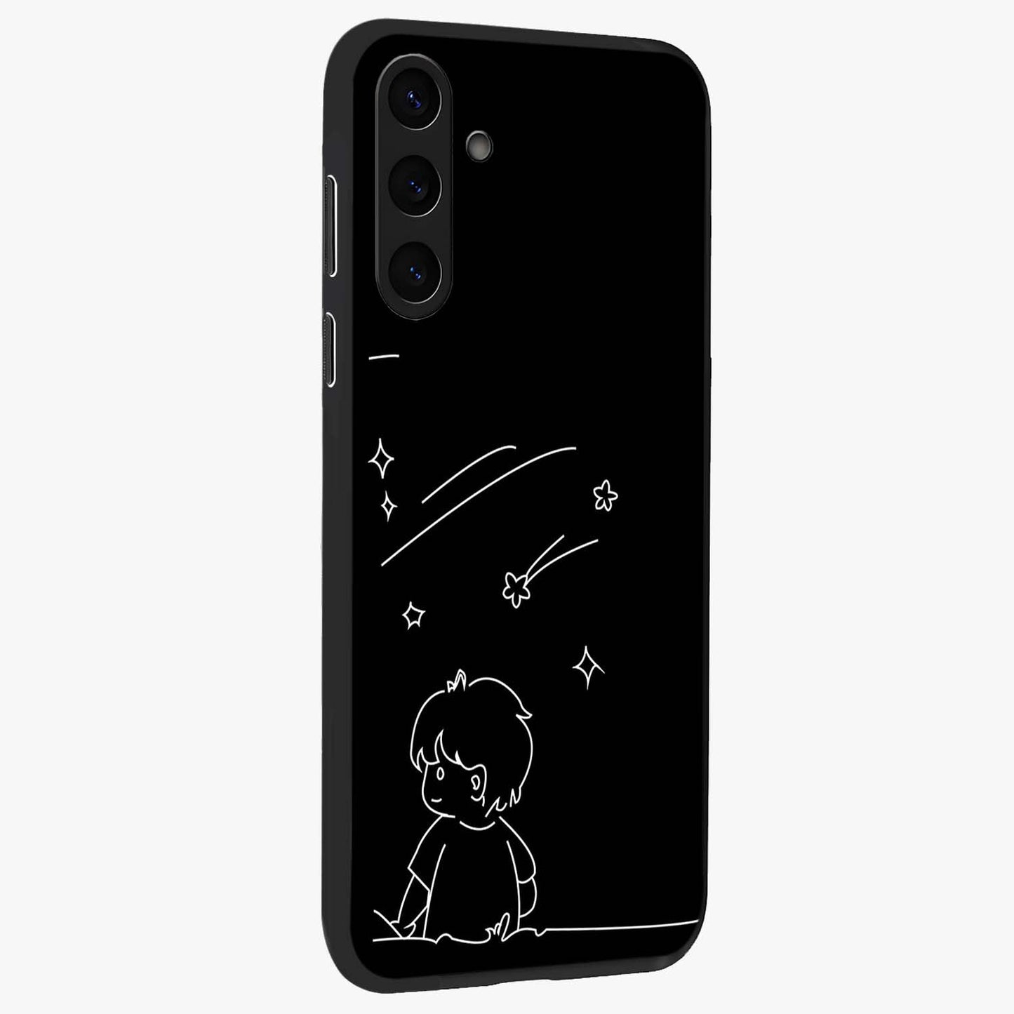 Line Art Boy With Shooting Stars Glass Case upright view showcasing artistic shooting star illustration with minimal style.