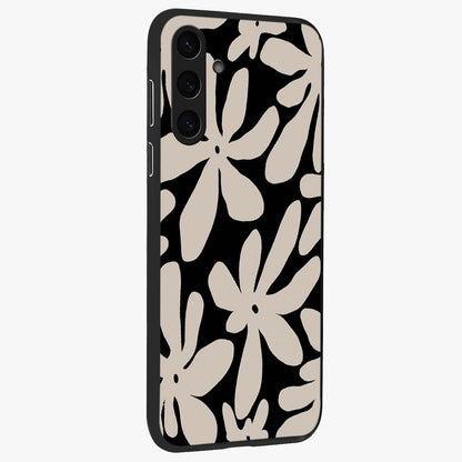 Monochrome Petal Dance Glass Case upright view showcasing artistic floral pattern with stylish monochrome theme.