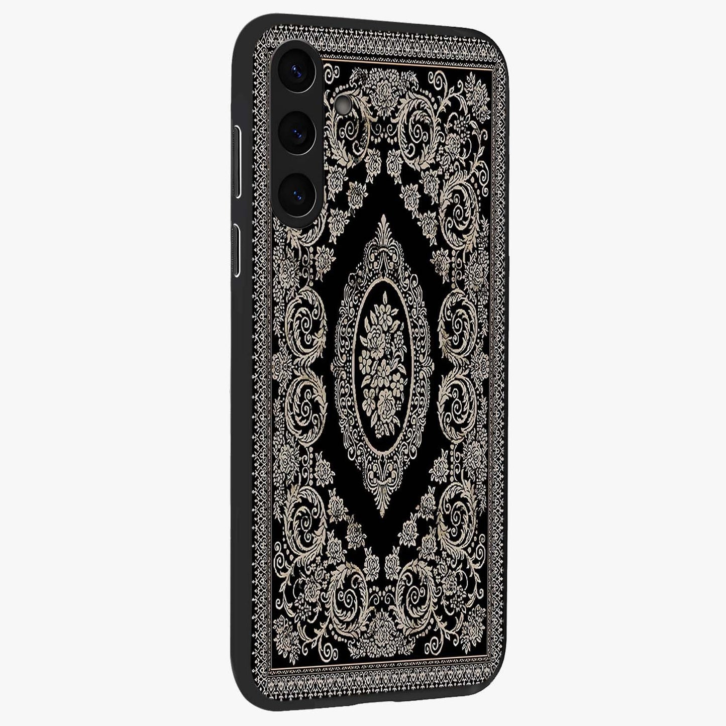 Noir Bloom Elegance Glass Case upright view showcasing graceful floral artwork with luxurious dark theme.