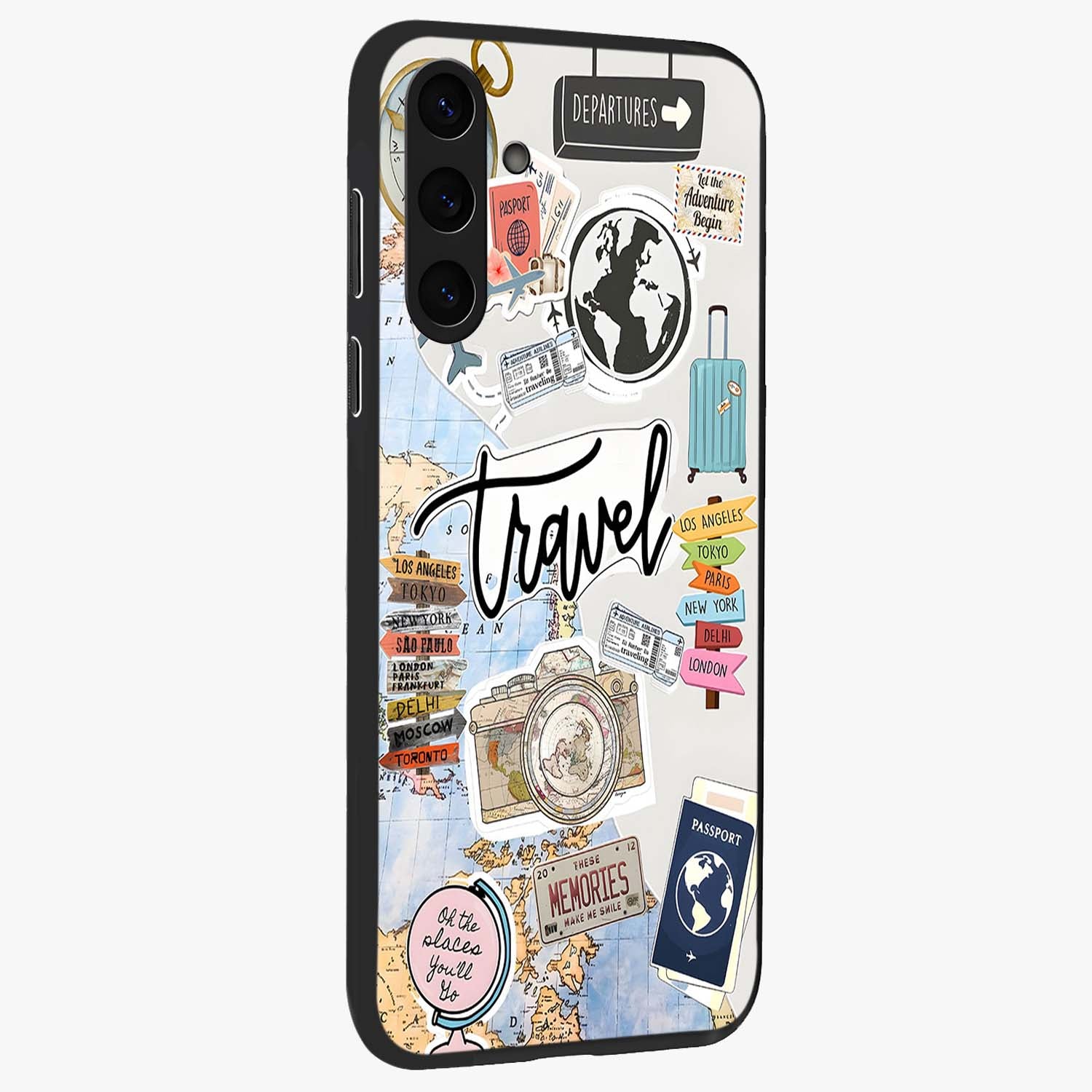 Wanderlust Journal Glass Case upright view showcasing wanderlust inspired artwork with creative exploration theme.