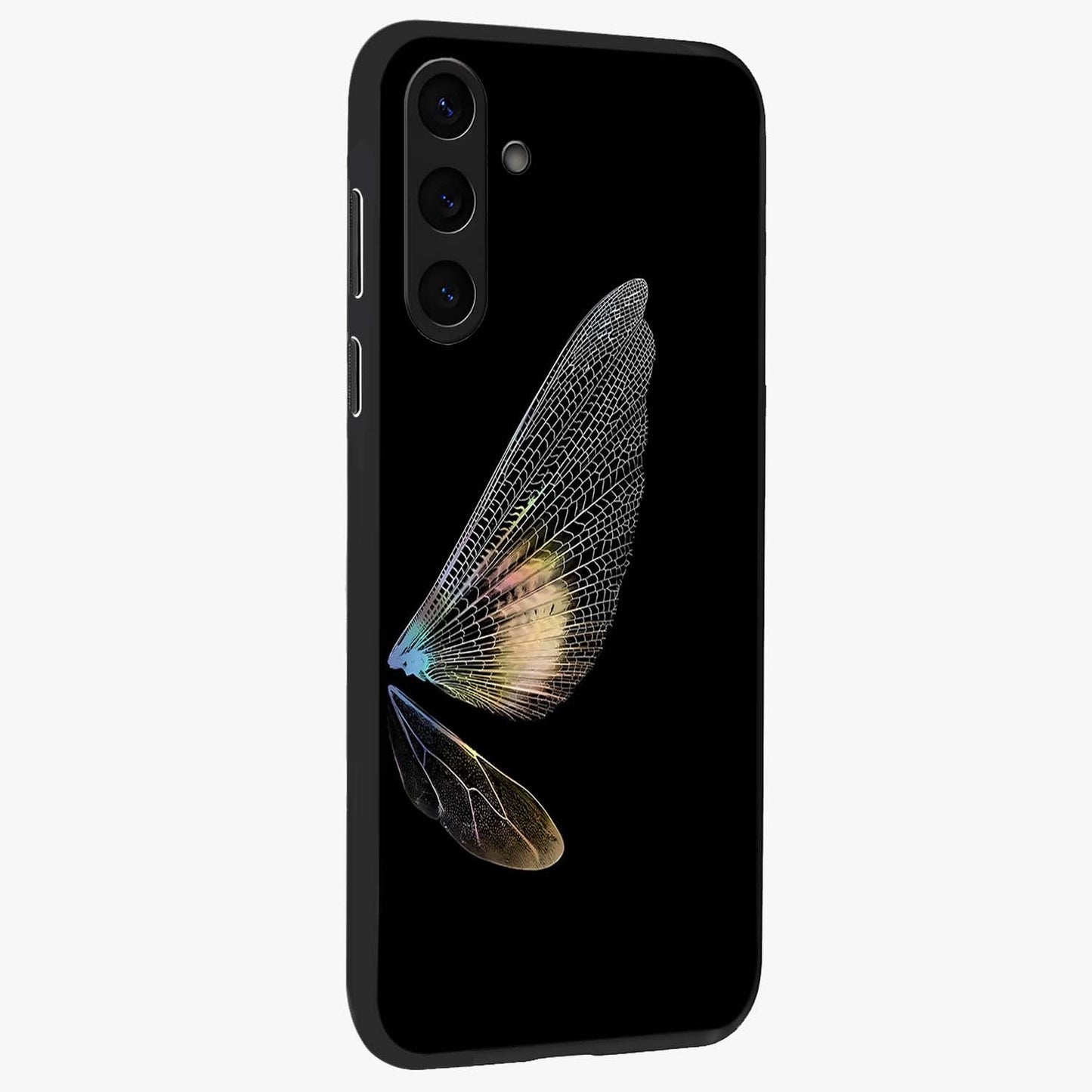 Whispers Of Wings Glass Case upright view showcasing elegant wing artwork with light airy theme.