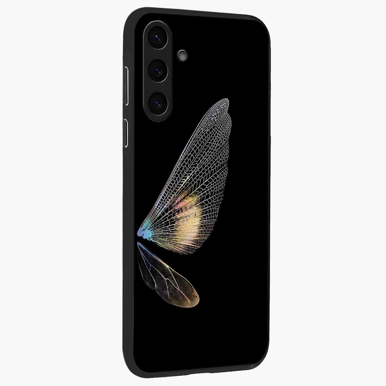 Whispers Of Wings Glass Case upright view showcasing elegant wing artwork with light airy theme.