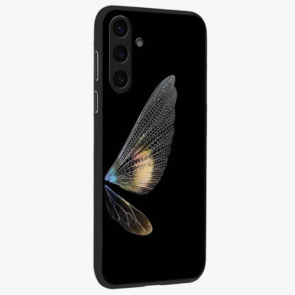 Whispers Of Wings Glass Case upright view showcasing elegant wing artwork with light airy theme.