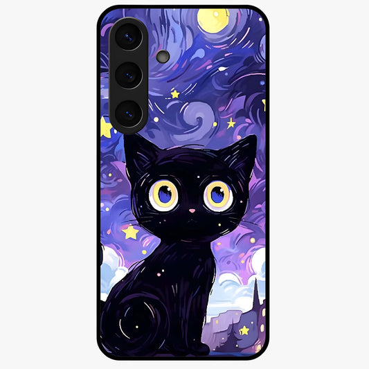 Abstract Cat Art Glass Case showing flat back view with artistic cat illustration and glossy glass finish.