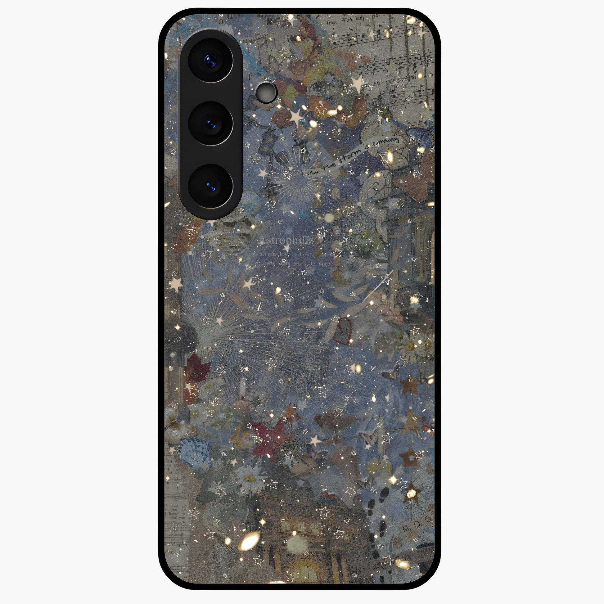 Aesthetic Astrolophia Glass Case showing flat back view with dreamy aesthetic design and glossy glass finish.